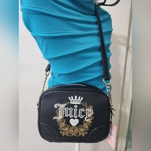 Juicy Couture Black and Gold Crossbody Bag with Crown Emblem Adjustable Strap